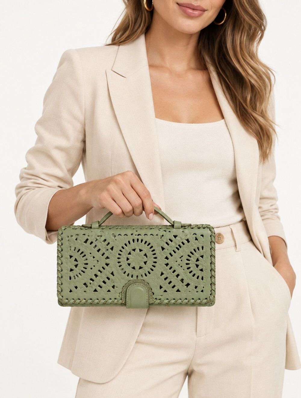 Cleobella Mexicana Olive Leather Hand Tooled Boho Leather Clutch New